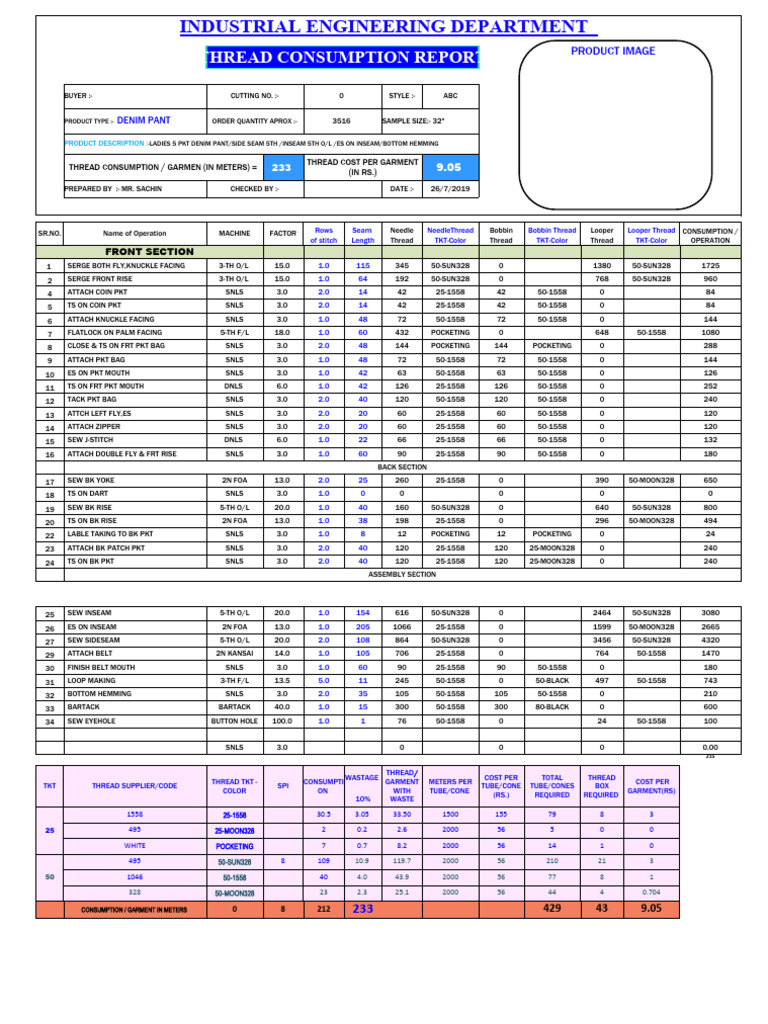 Thread Consumption Sheet PDF Needlework Sewing