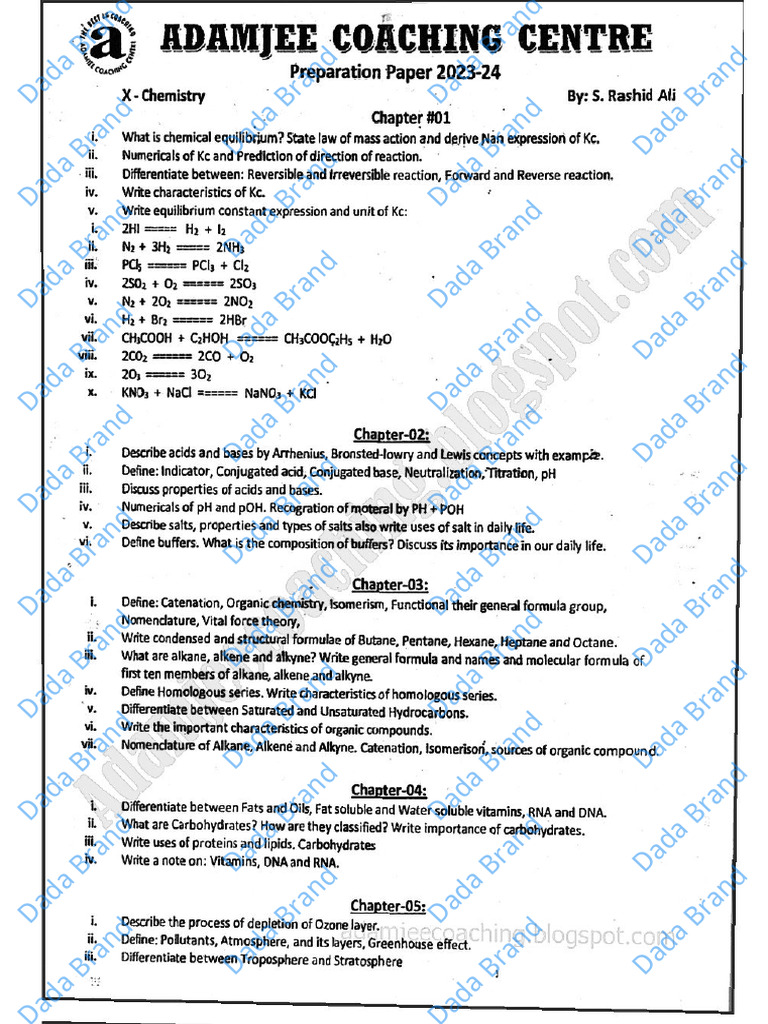 AdamJee Chemistry X Class Preparation Paper-Dada | PDF