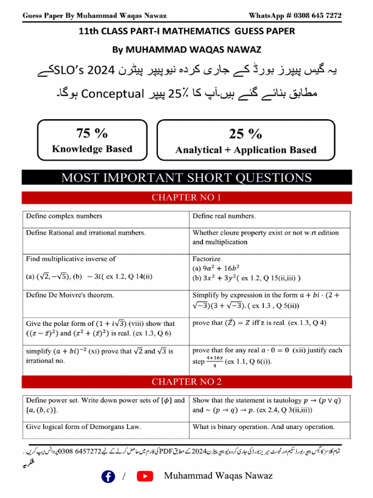 11th Math SLO's Guess Paper 2024 | PDF