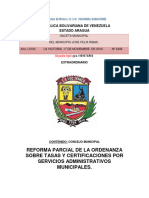 Reforma Parcial de La Ordenanza Sobre Tasas Y Certificaciones Por Servicios Administrativos Municipales
