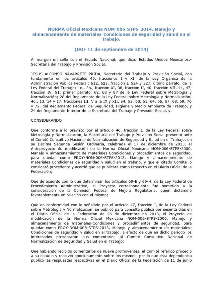 Nom 006 Stps 2014 Manejo y Almacenamiento de Materiales Condiciones de ...
