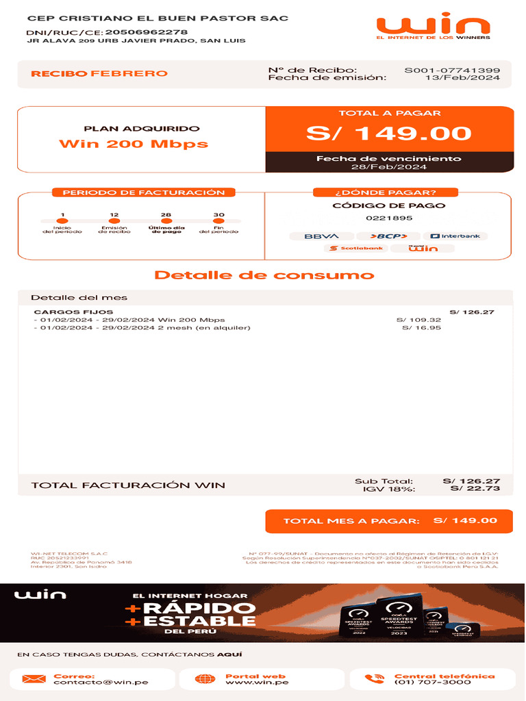Factura de Internet Win 200 Mbps Feb 2024 | PDF