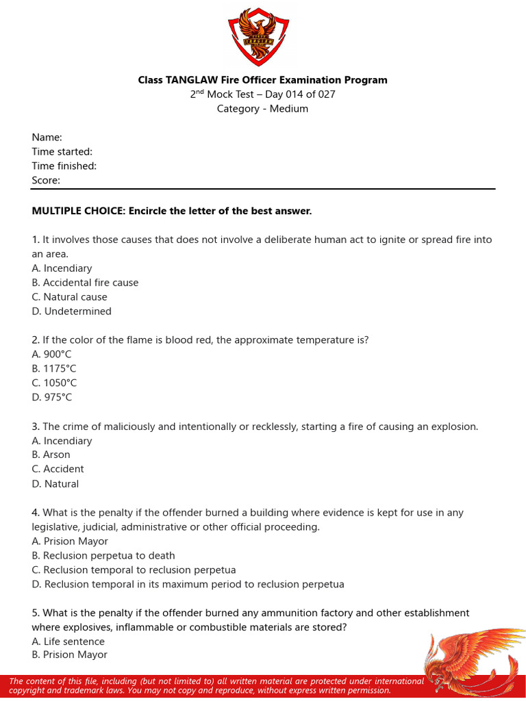 Mock Test 002 Foe Class Tanglaw | PDF | Fires | Fire Safety