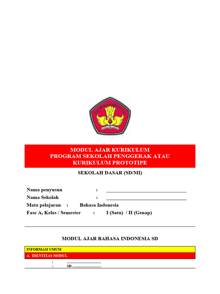 Modul Ajar Bahasa Indonesia Kelas 1 | PDF