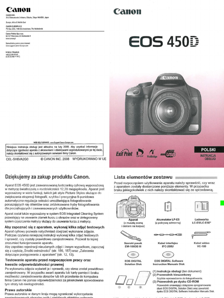 Instrukcja Canon EOS 450D PL | PDF