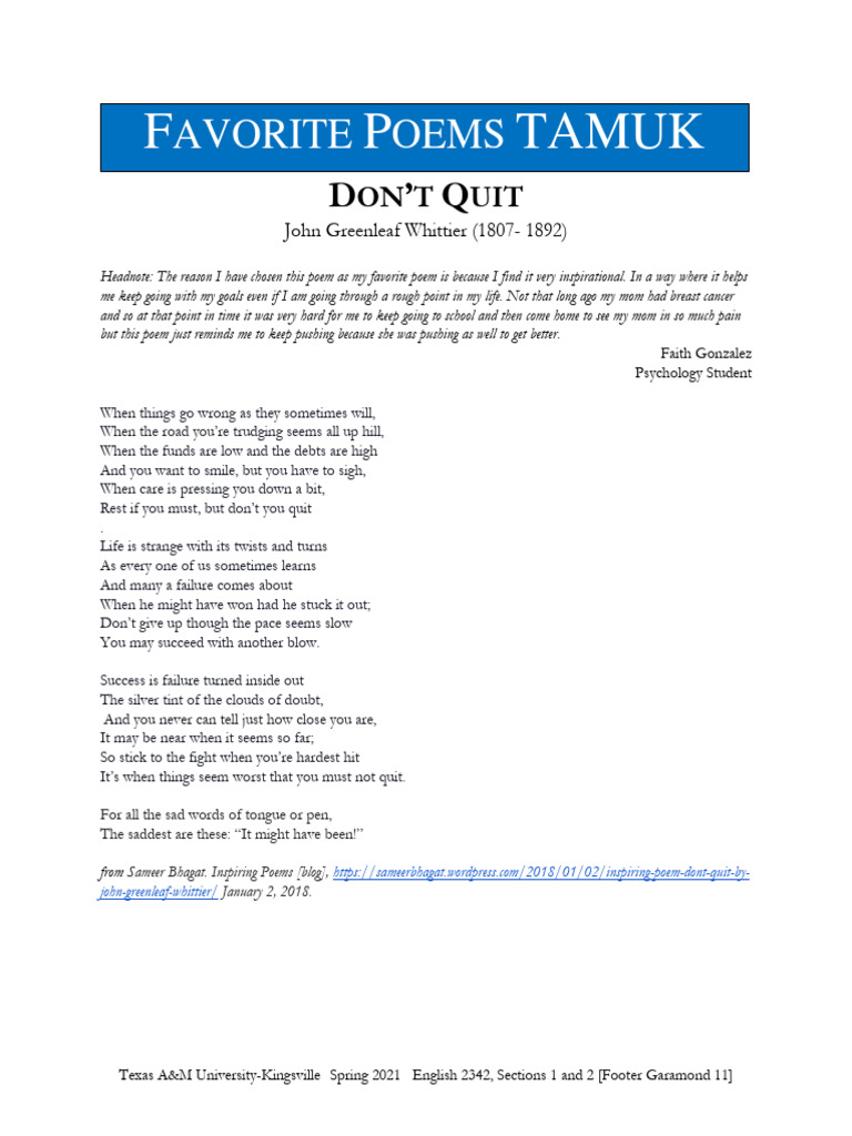 Dont Quit by John Greenleaf Whittier | PDF