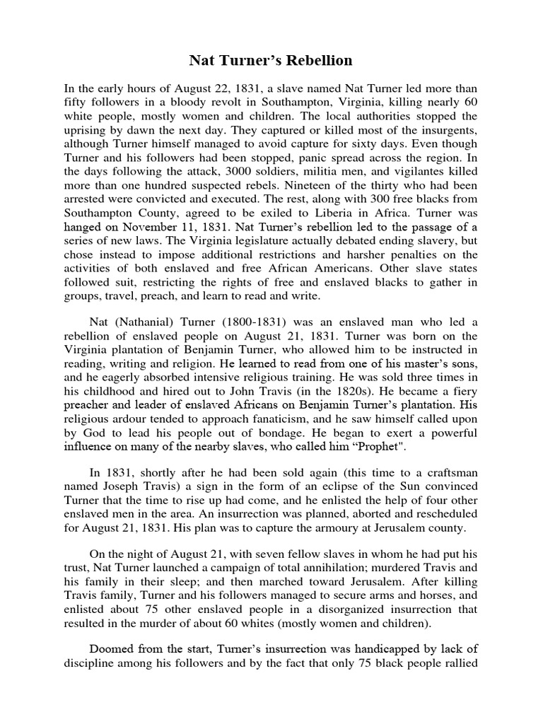 Nat Turner S Rebellion Pdf Slavery Slavery In The United States