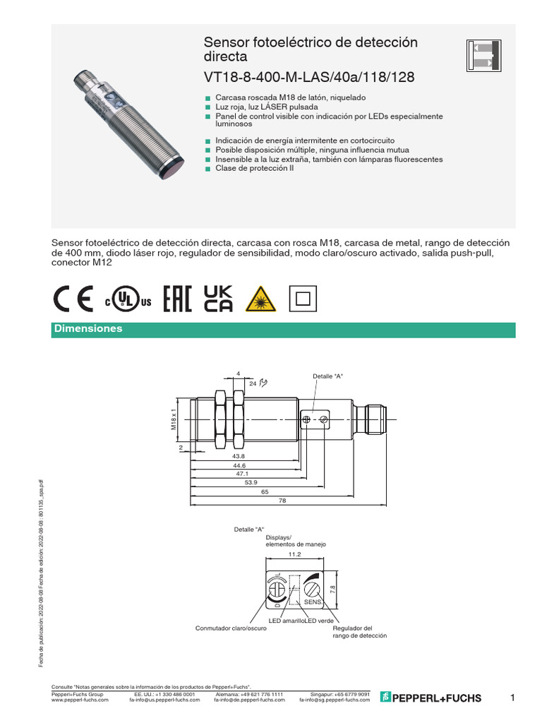 Sensor fotoeléctrico VT18-8-400-M-LAS | PDF | Instrumento de medición