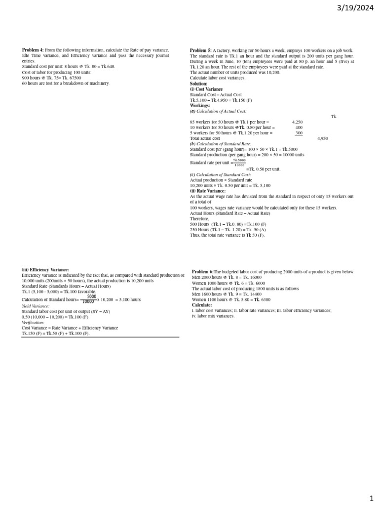 Standard Costing Pdf Labour Economics Variance