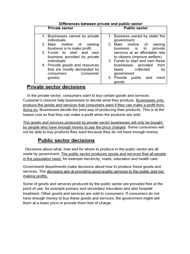 Differences Between Private And Public Sector Pdf Goods Profit