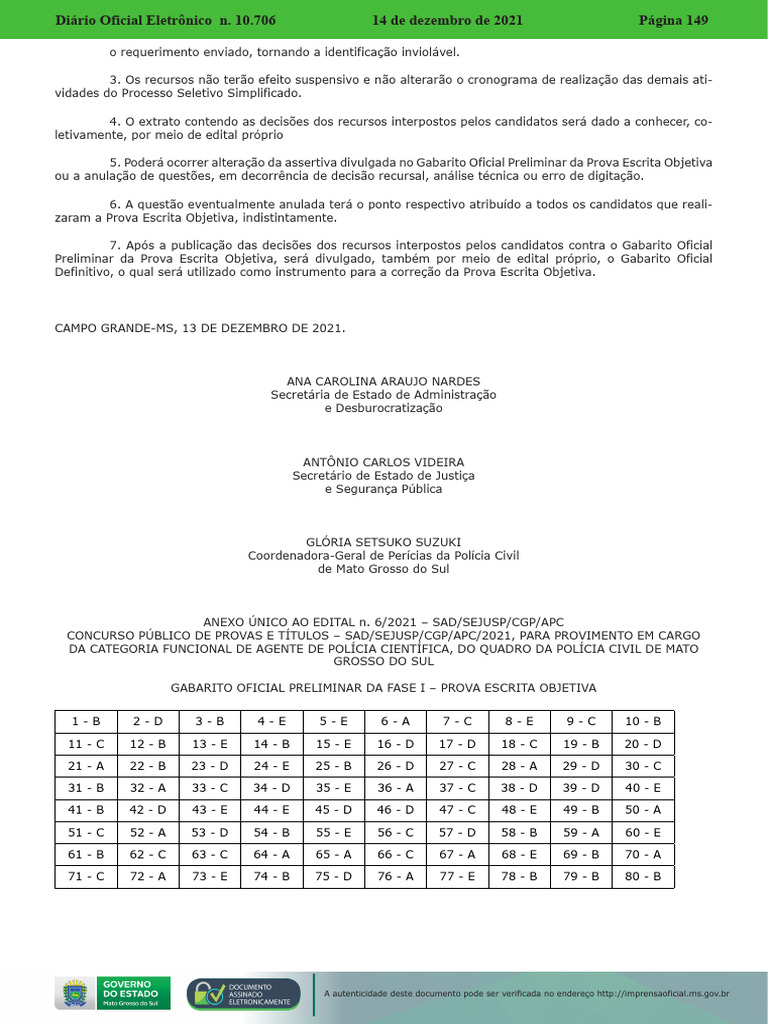 Gabarito Preliminar PC MS Fapec Agente C | PDF