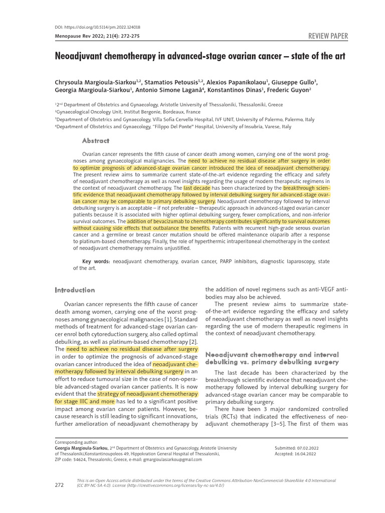Neoadjuvant Chemotherapy in Advanced-Stage Ovarian Cancer - State of ...