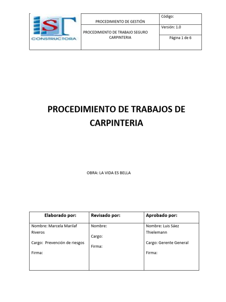 Procedimiento Seguro en Carpintería | PDF
