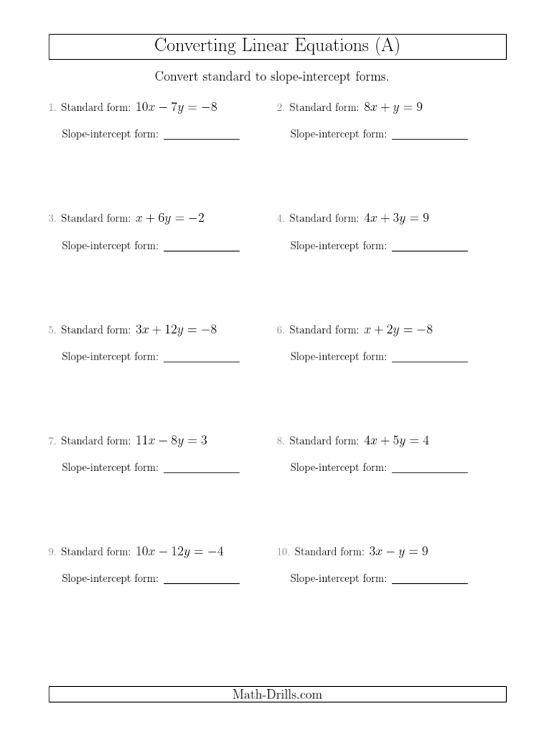 Algebra Worksheet -- Converting From Standard to Slope-Intercept Form ...