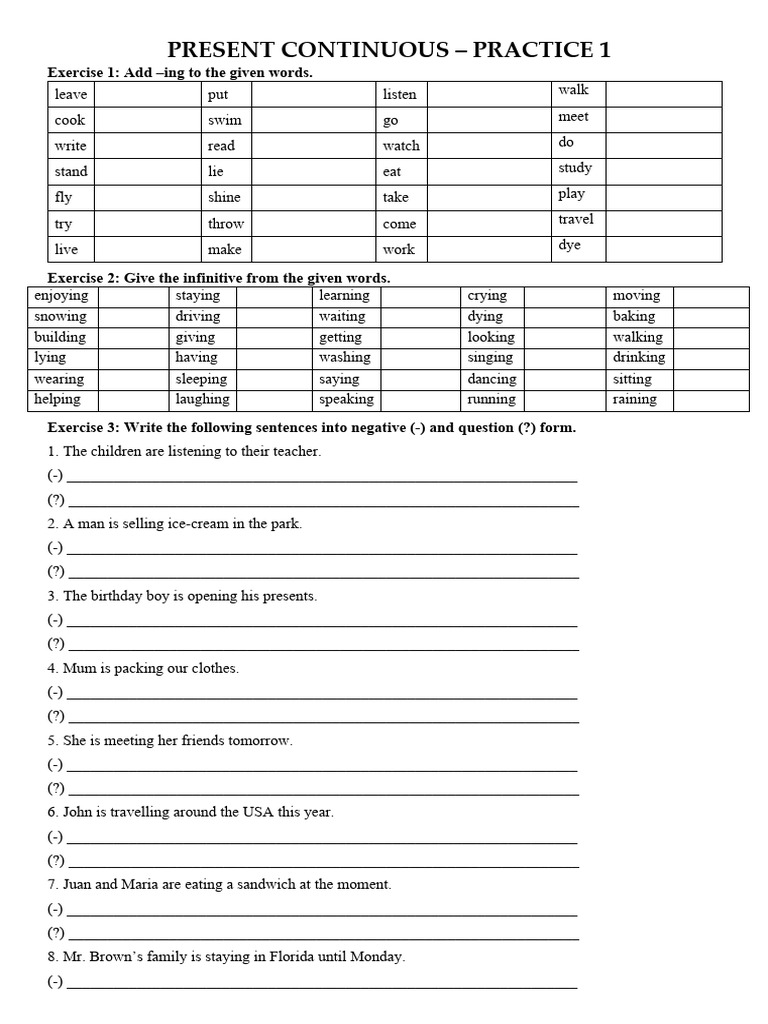 Present Continuous Practice Exercises | PDF
