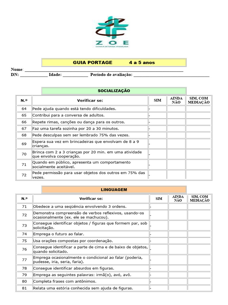 Avaliação do Desenvolvimento Infantil 4-5 anos | PDF