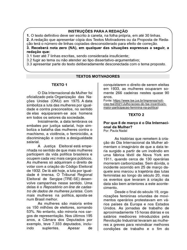 Redação sobre o Dia da Mulher | PDF | Sufrágio feminino | Feminismo