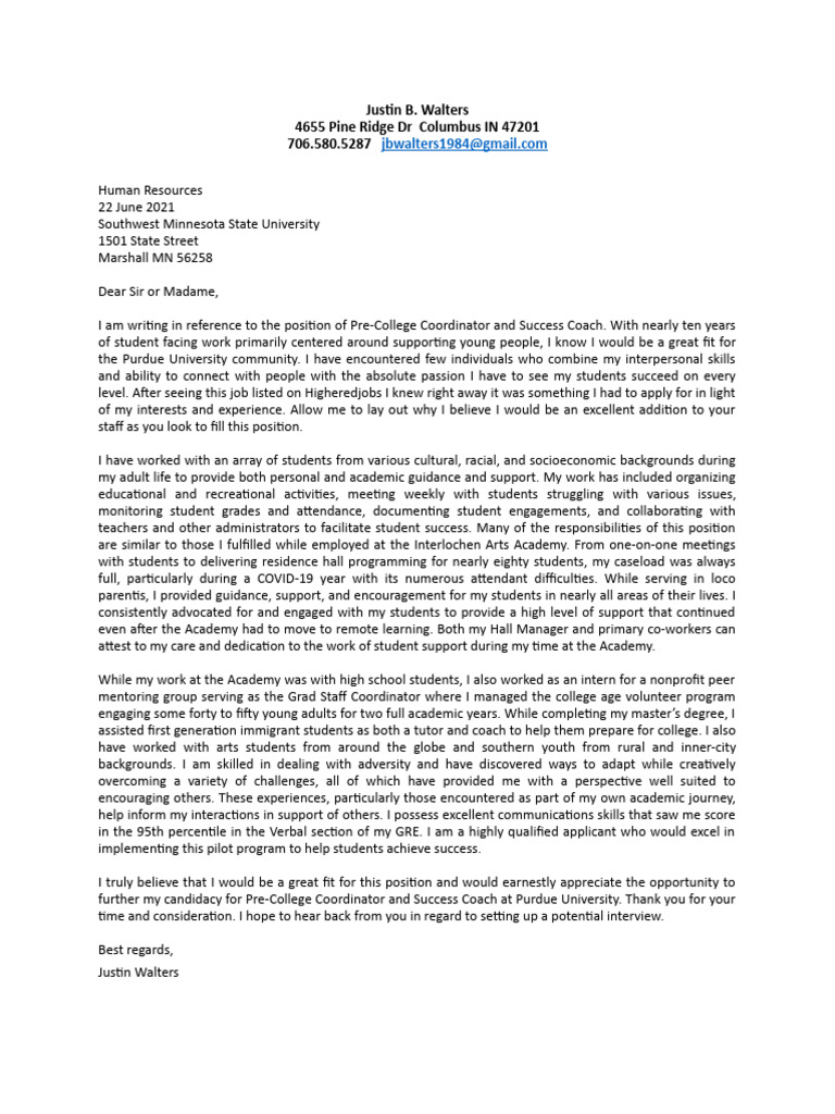 Purdue Cover Letter PreCollege Download Free PDF Social Psychology