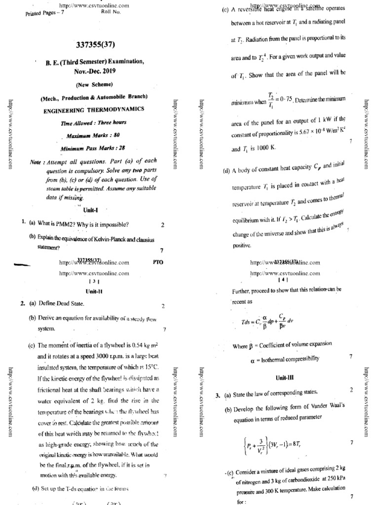 Engineering Thermodynamics Dec 2019 | PDF