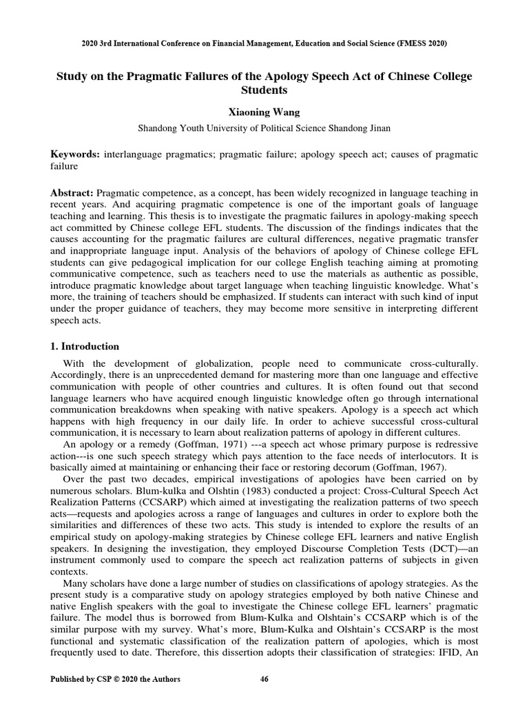Pragmatic Failure of Apology | PDF | Second Language | English As A ...