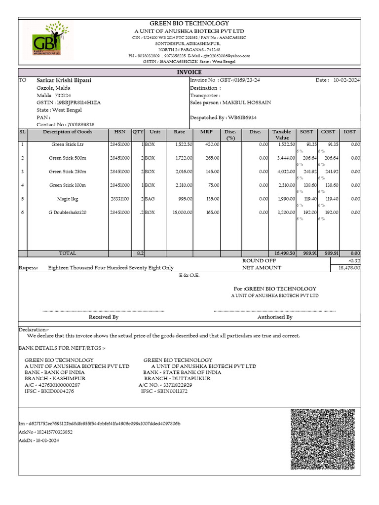 Invoice for Green Bio Technology | PDF | Economy Of India