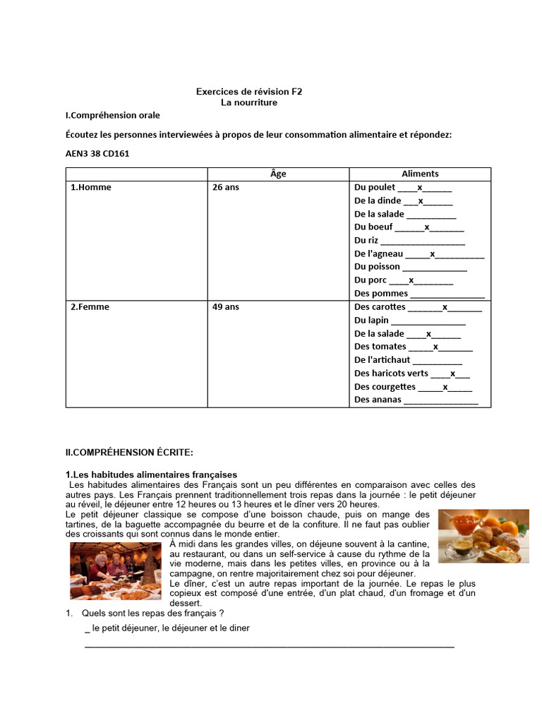 Repas quotidiens en France : exercices | PDF | Repas | Cuisine