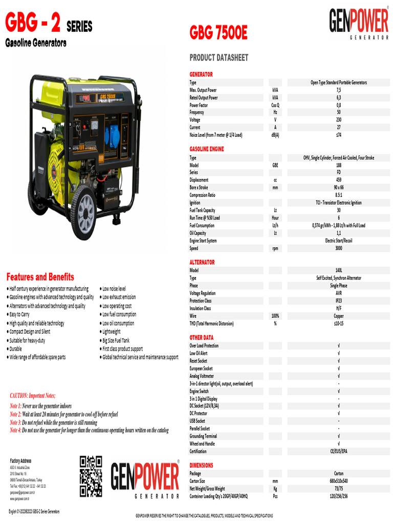 GBG 7500e Portable Gasoline Generator | PDF | Engines | Electric Generator