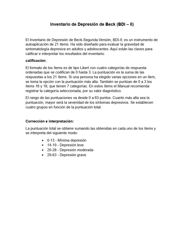 Inventario de Depresión de Beck (BDI – II) | PDF | Trastorno depresivo ...