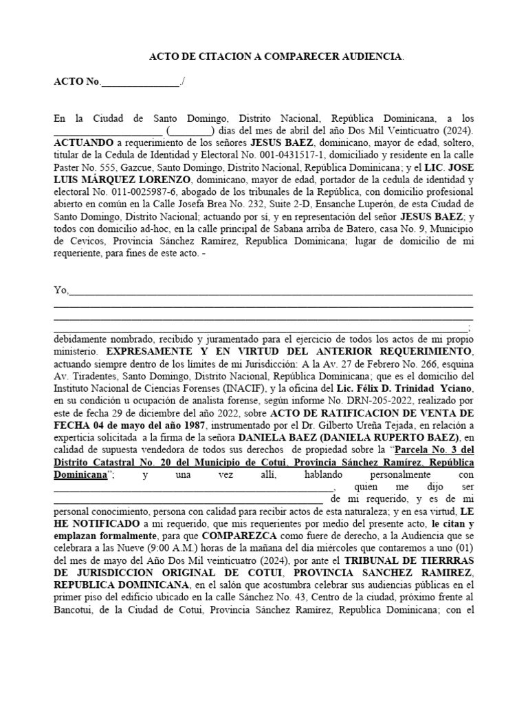 Acto de Citacion A Comparecer Audiencia de Pruebas (Jesus Baez) | PDF ...