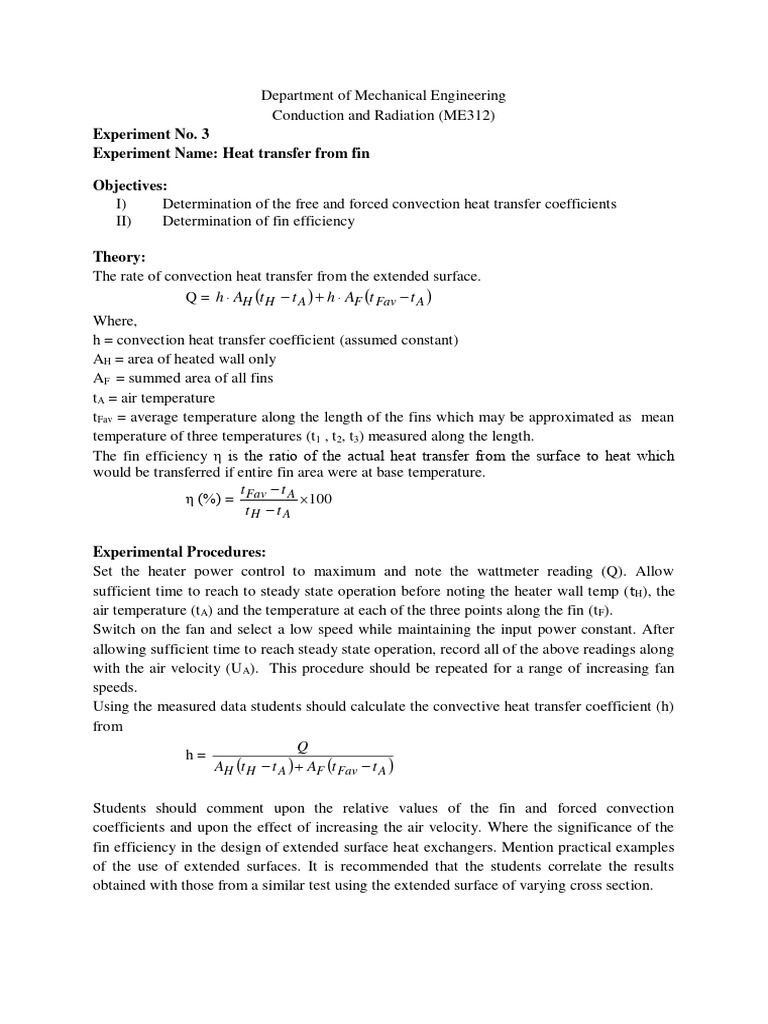 Heat Transfer from Fin Experiment ME312 | PDF | Heat Transfer | Temperature