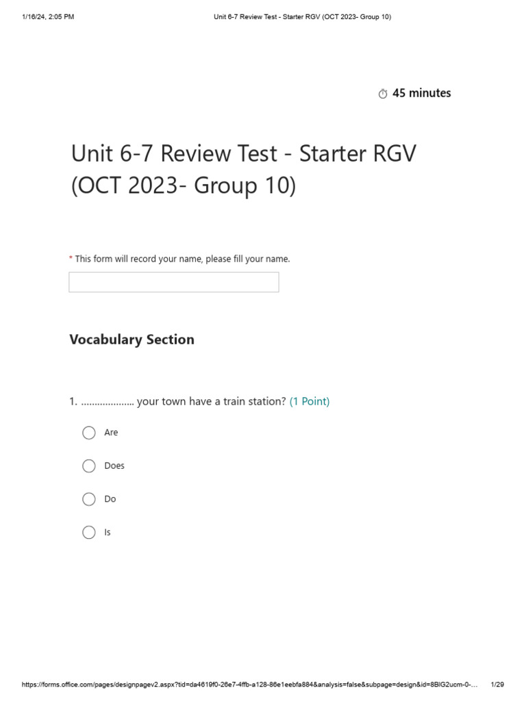 Unit 6-7 Review Test - Starter RGV | PDF | Lunch | David Bowie