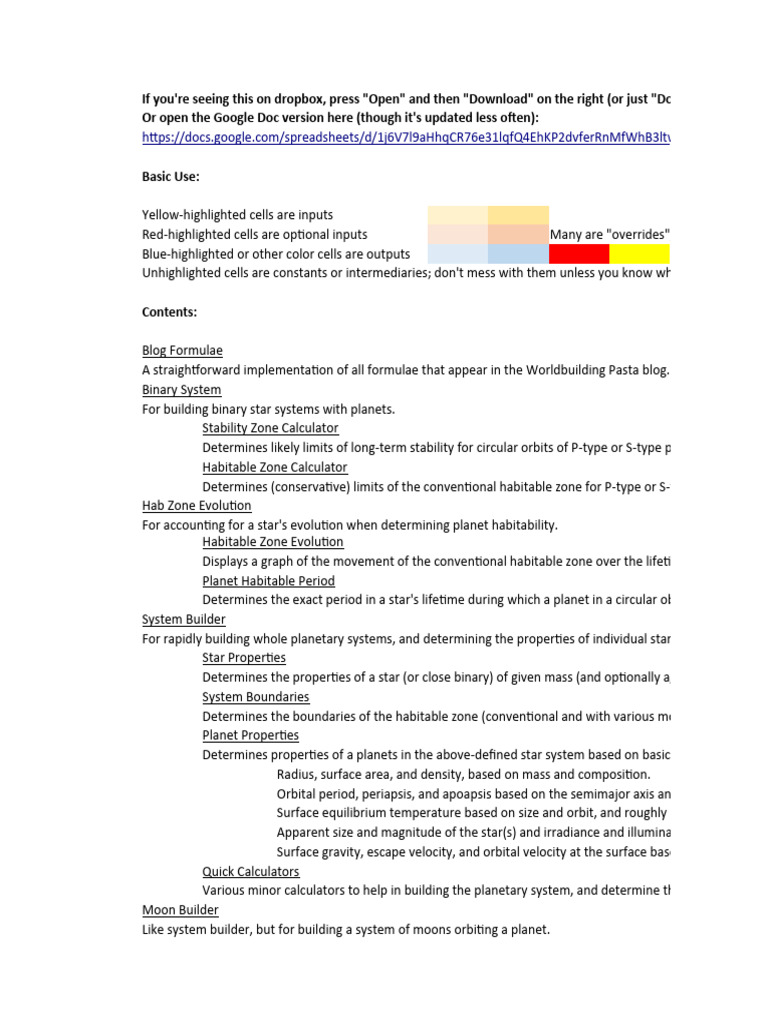 Worldbuilding Spreadsheet Tools Guide | PDF | Planets | Stars