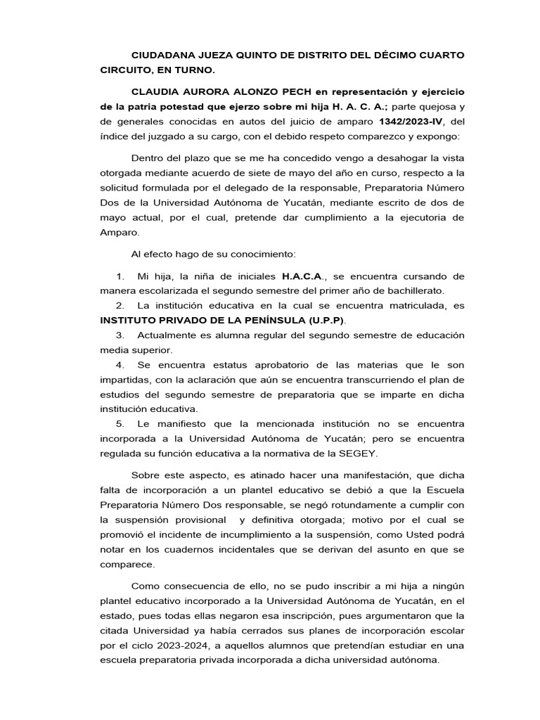 CONTESTA VISTA DEL CUMNPLIMIENTO DE LA EJECUTORIA DE AMPARO | PDF