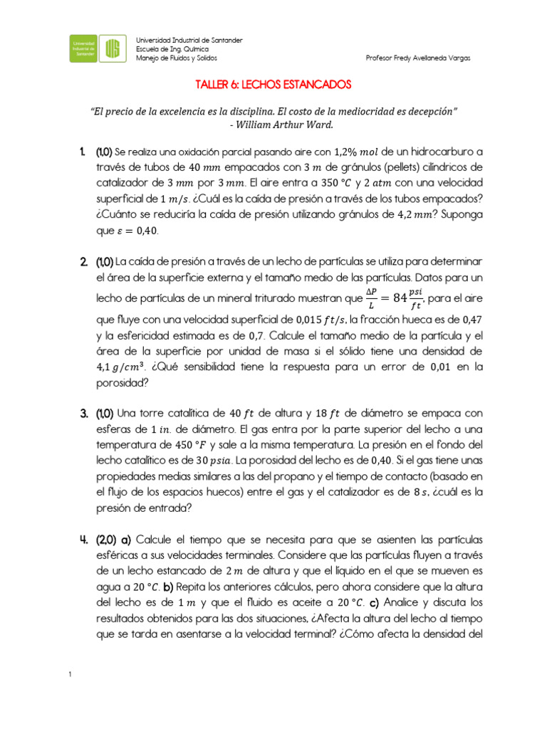 Caída de presión en lechos estancados | PDF | Química | Física Aplicada ...