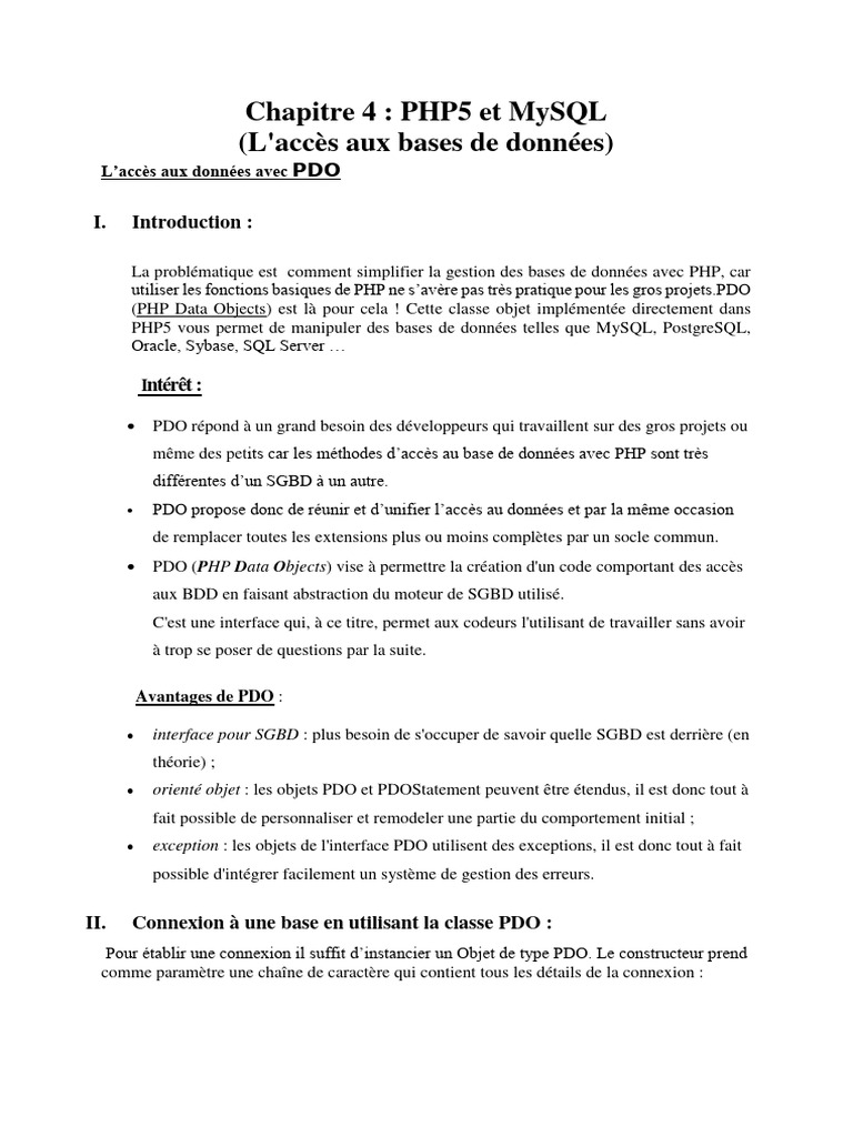 Accès aux BDD avec PDO en PHP5 | PDF | PHP | MySQL
