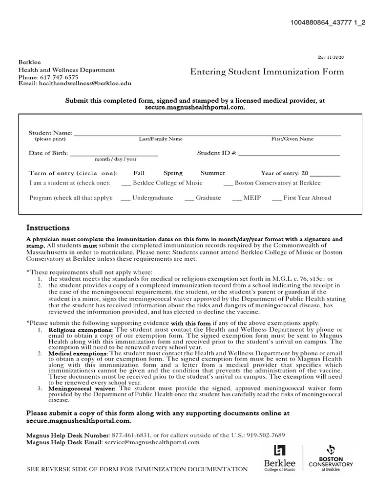 Student Immunization Requirements Form | PDF | Microbiology | Medical ...