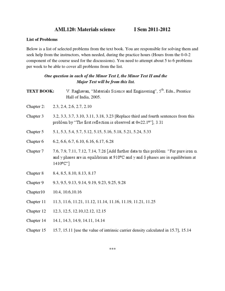 AML120: Materials Science I Sem 2011-2012: List of Problems | PDF