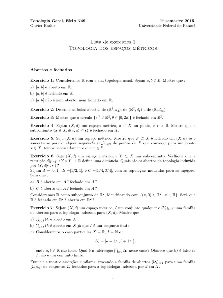 Exercícios de Topologia Geral | PDF | Função contínua | Espaço métrico