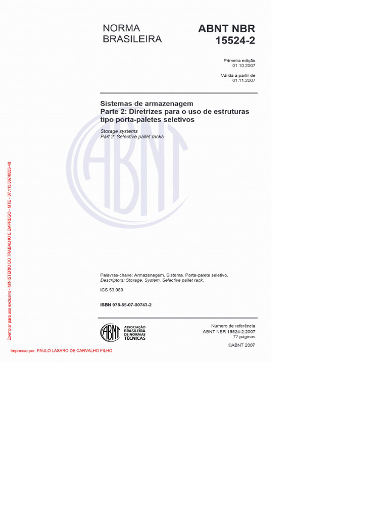ABNT NBR 15524-2-2007 - Sistemas de Armazenagem - Diretrizes | PDF