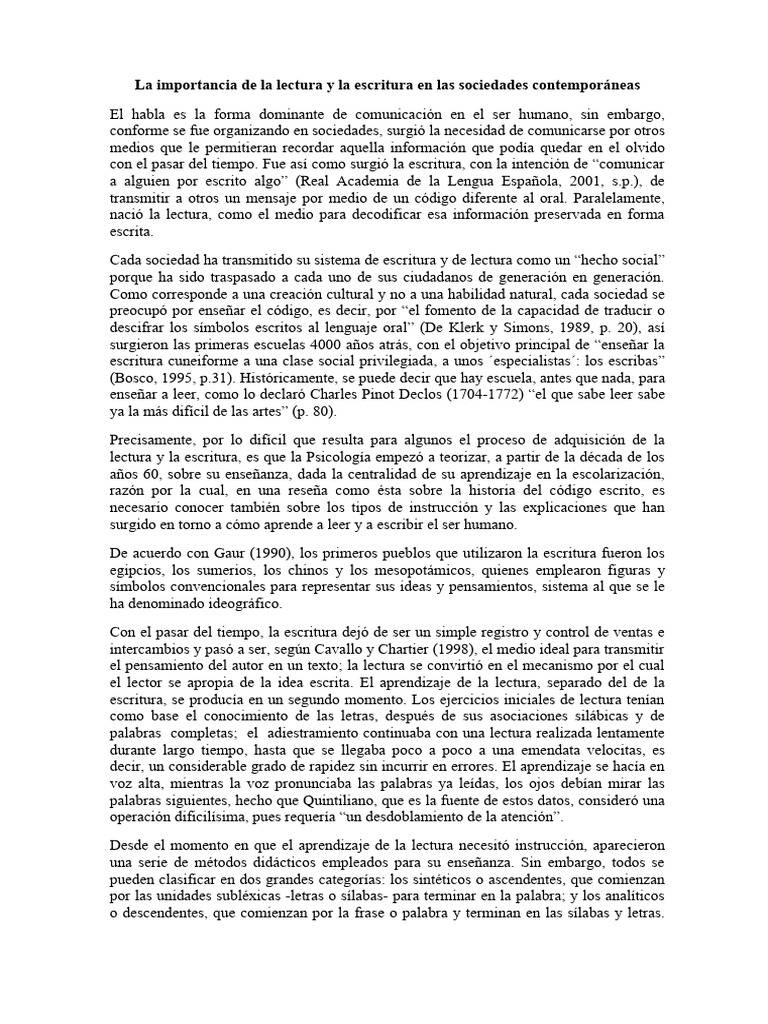 La Importancia de La Lectura y La Escritura en Las Sociedades ...