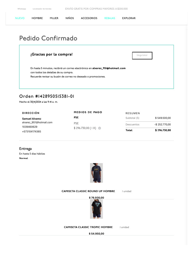 Confirmación de Pedido O'Neill | PDF