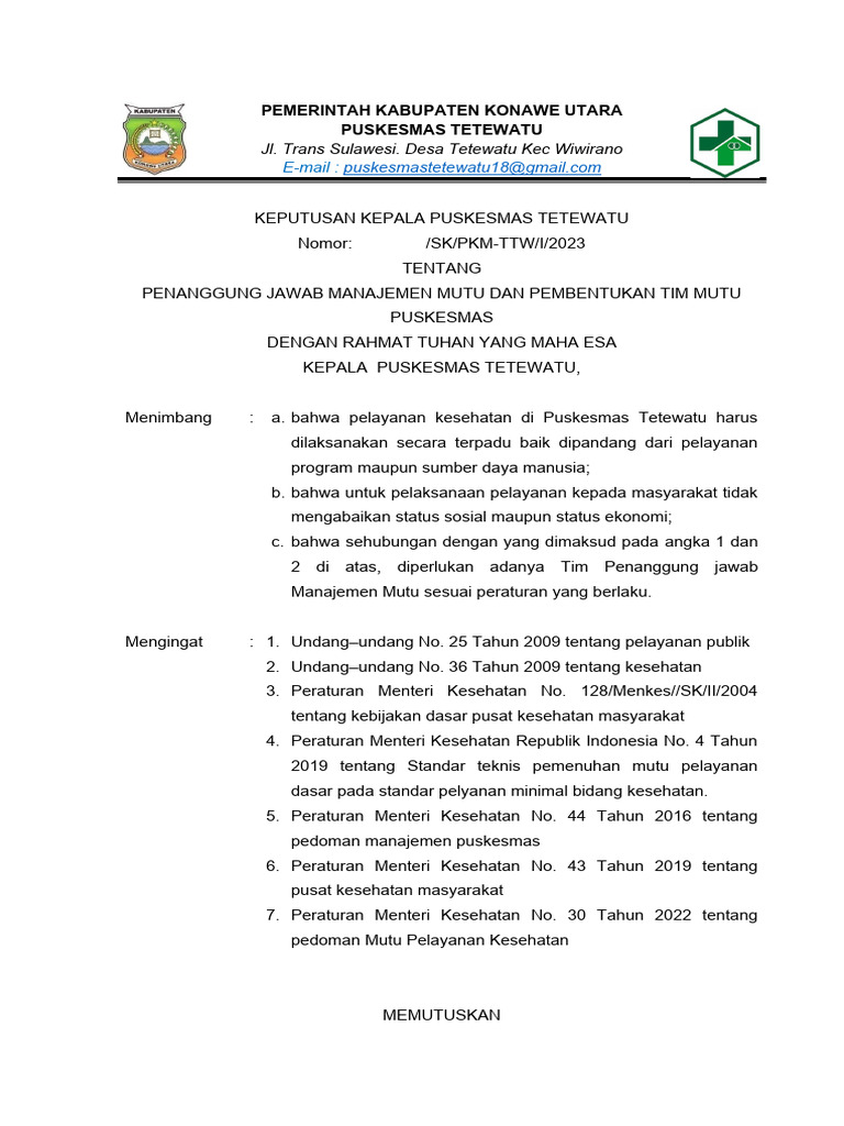 SK Tim Mutu Dan Pembentukan Tim Mutu Puskesmas 2024 | PDF | Sains ...