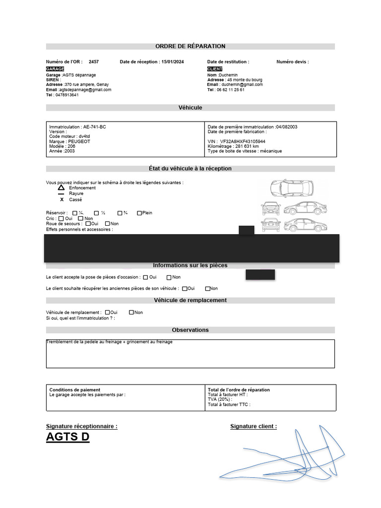Ordre de Réparation Peugeot 206 | PDF | Véhicules | Styles de carrosserie