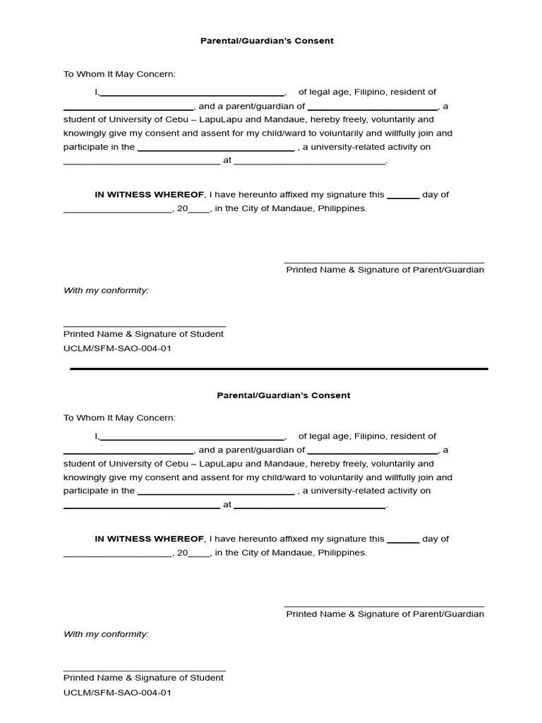 Parental Consent Form for University Activities | PDF | Self ...