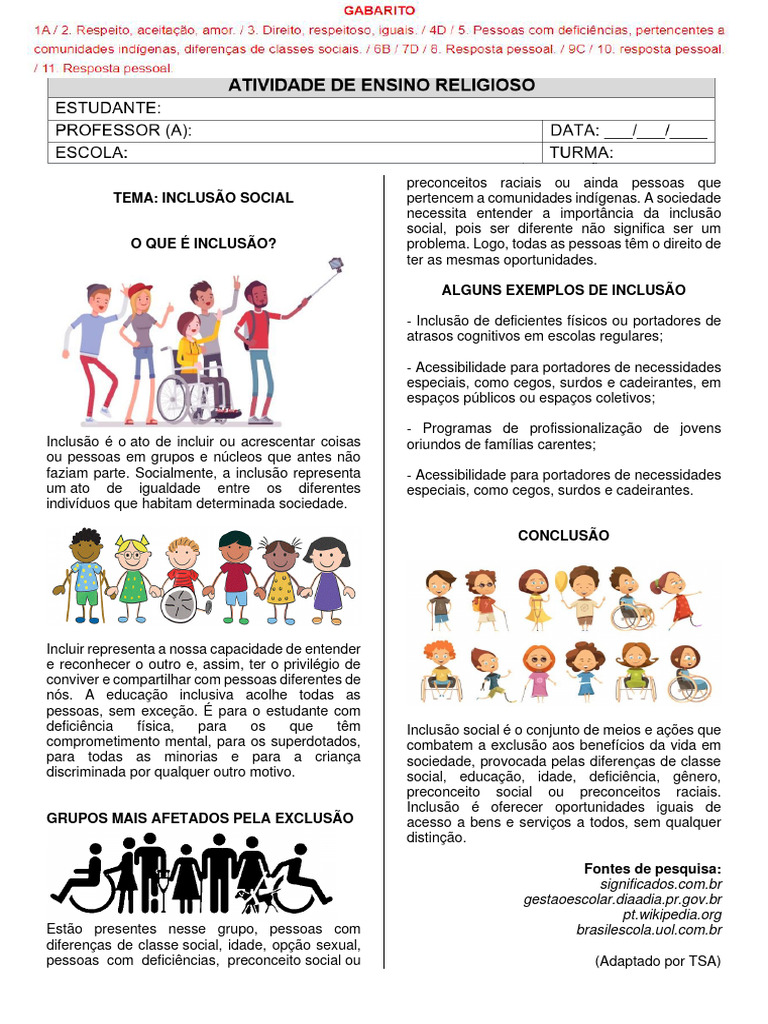 Atividades sobre Inclusão Social | PDF | Exclusão social | Psicologia ...