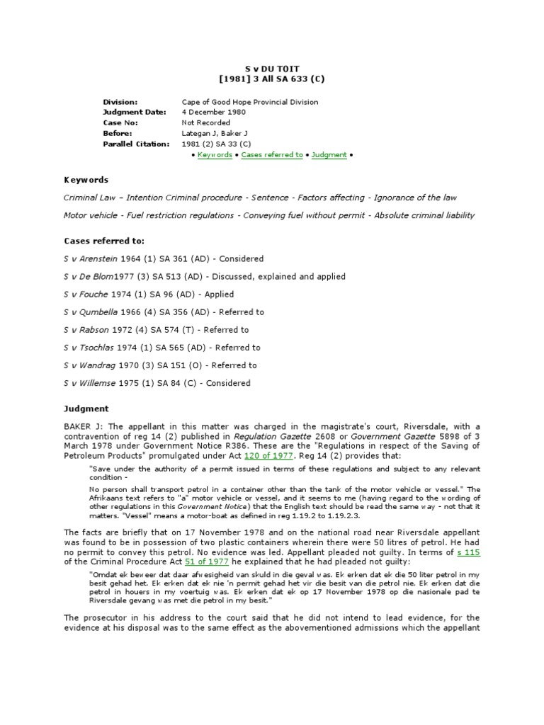 S V Du Toit 1993 Mens Rea Burden Of Proof Law
