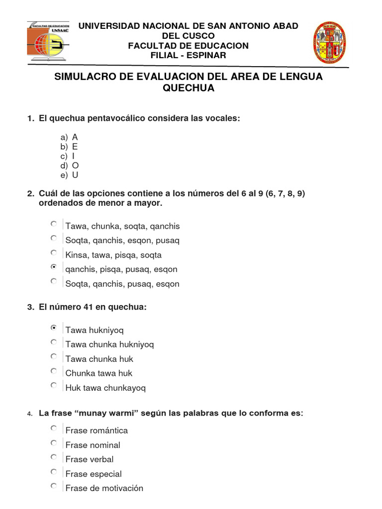 Simulacro de Evaluación en Quechua | PDF | Estudios de idiomas extranjeros
