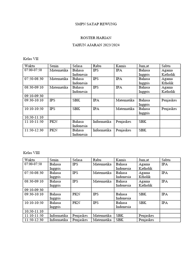 Roster Harian SMPN Satap Rewung 2023/2024 | PDF | Seni & Disiplin Bahasa
