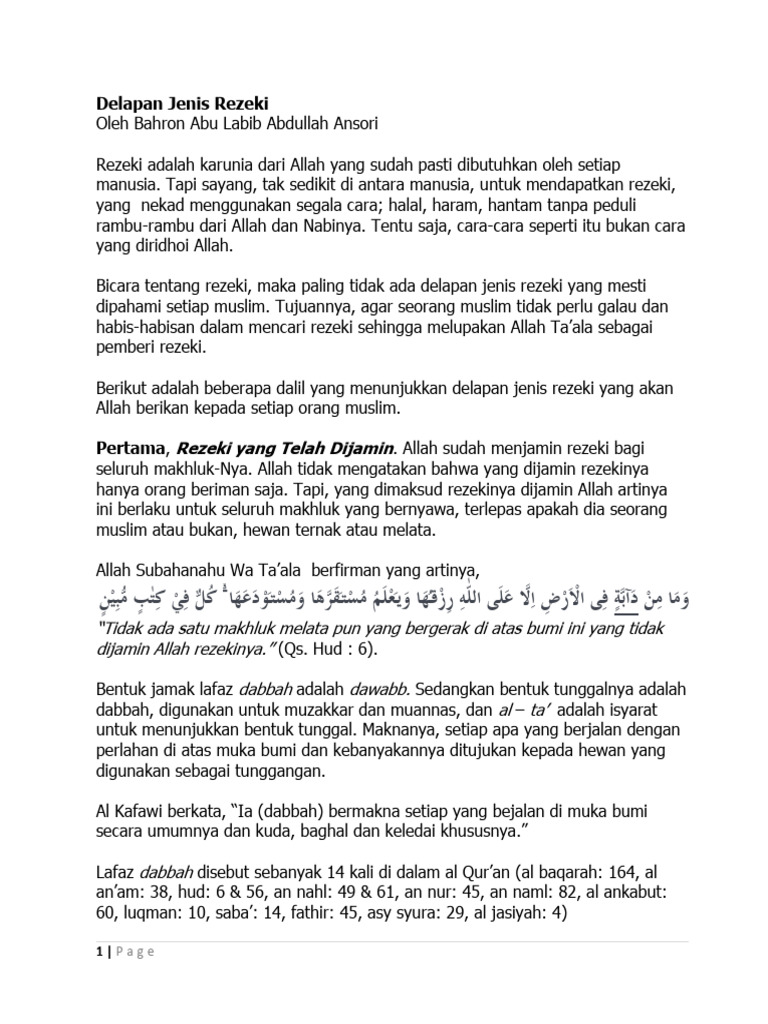 Delapan Jenis Rezeki dalam Islam | PDF | Agama & Spiritualitas