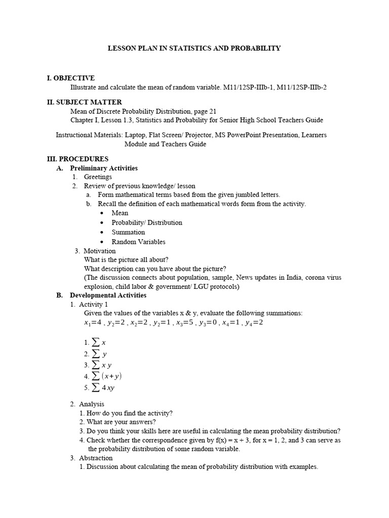 Lesson Plan in Statistics and Probability | PDF | Odds | Probability ...